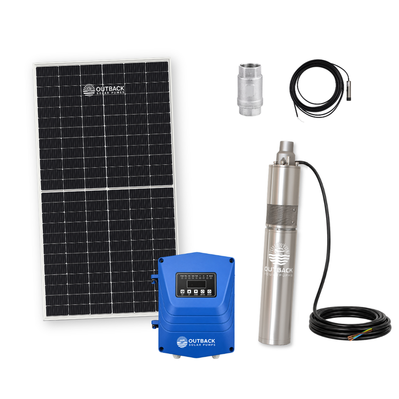 Outback Joey 1-60 DC 3-inch 300W submersible solar bore pump starter kit from Outback Solar Pumps, includes pump and accessories.