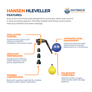 Hansen HLEVELLER dual action tank float valve for solar pump system, accessory for controlling water levels in solar-powered tanks.
