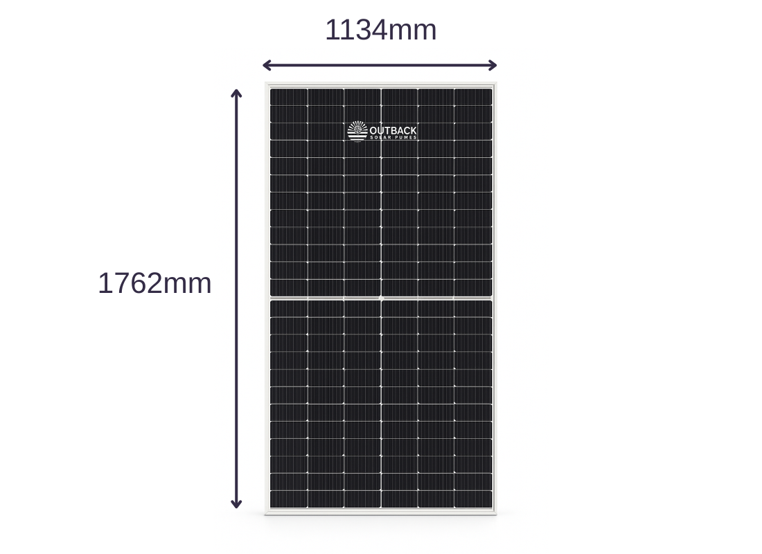 Outback SP450W bifacial solar panel showcasing dimensions and design features for high-efficiency solar energy.
