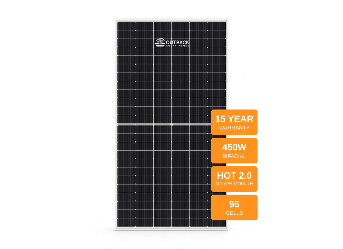 Outback SP450W high-efficiency N-type bifacial solar panel showing front and back sides with solar cell details and frame.