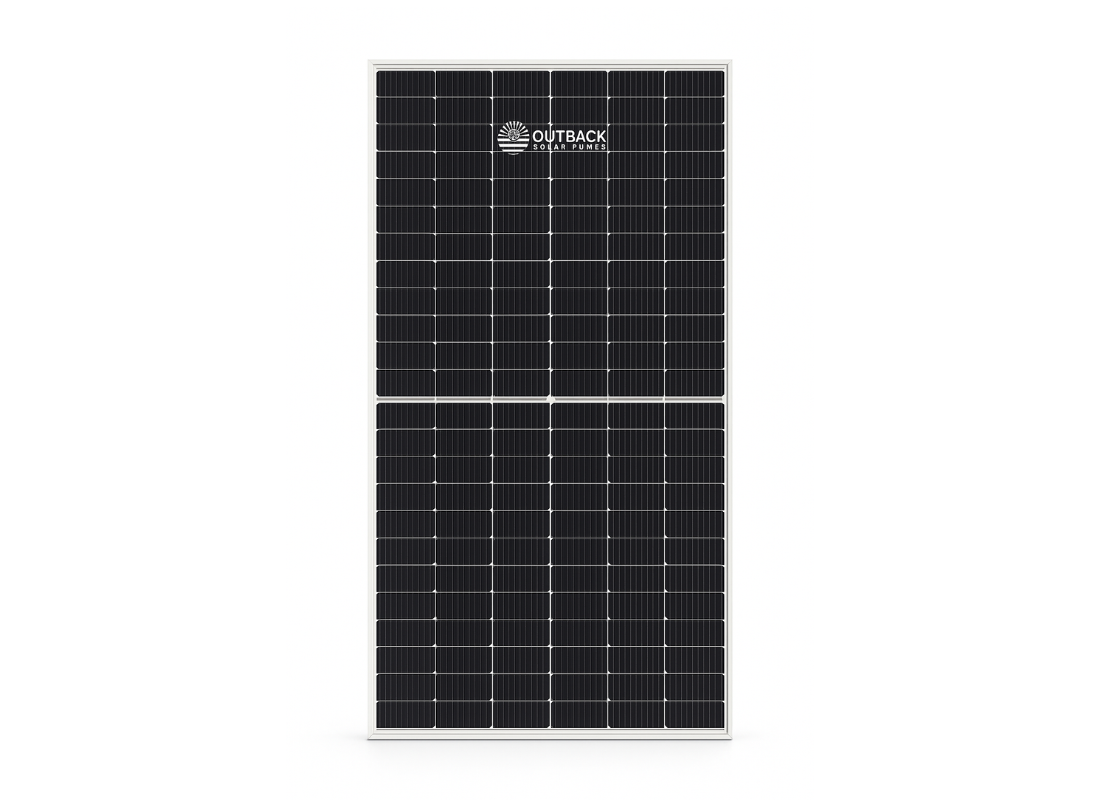 Outback SP450W bifacial solar panel showing high-efficiency design with dual-sided energy collection features.