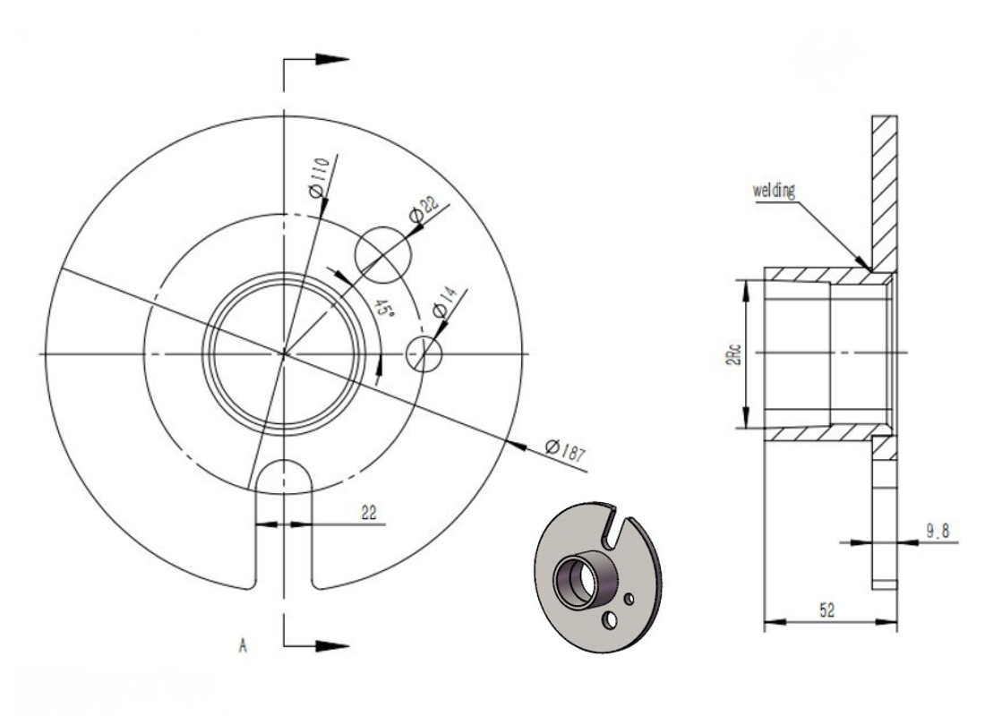 Outback BC0050 50mm 304 stainless steel bore cap with threaded outlet, showcasing detailed dimensions.
