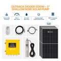 Outback Solar Pumps Outback Digger 1.5-140 AC/DC Hybrid 3-inch 1200W submersible solar bore pump kit with components and cover.
