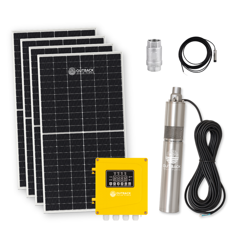 Outback Digger 1.5-140 AC/DC Hybrid 3-inch 1200W solar submersible bore pump kit with three-panel system from Outback Solar Pumps.