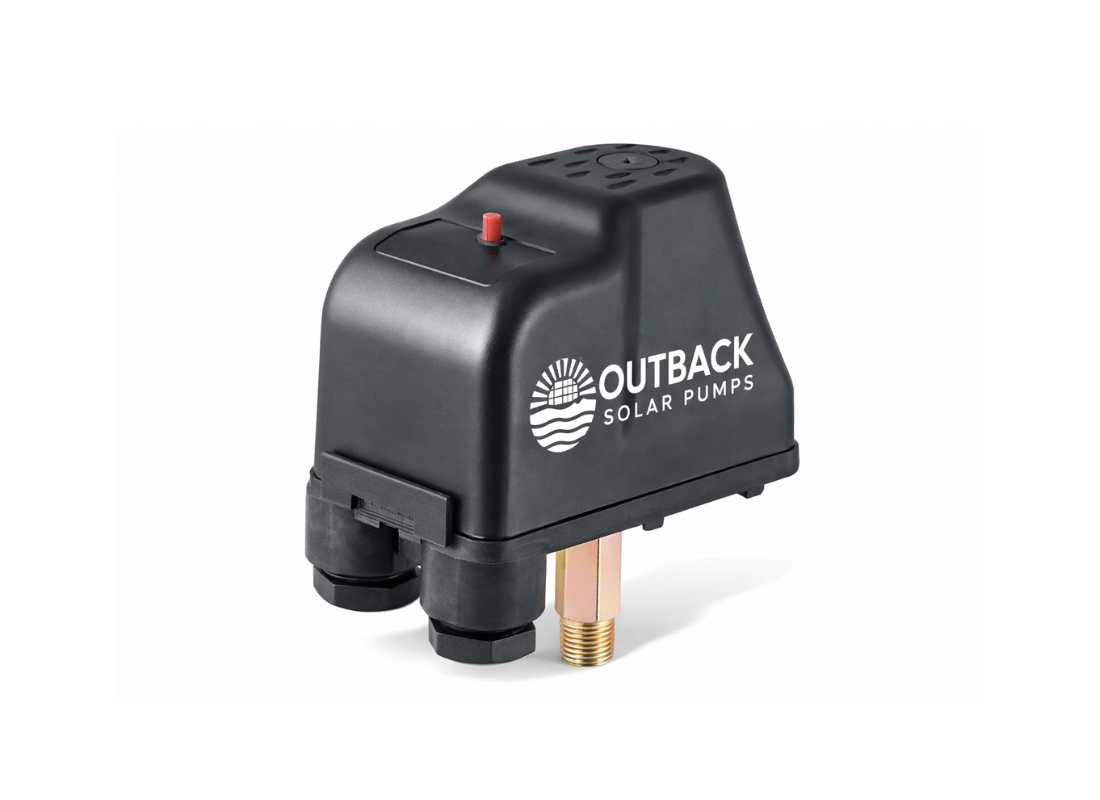 Outback PS2540 normally open reverse-acting pressure switch for solar pumps, showing adjustable pressure range of 2.5-4.0 BAR.
