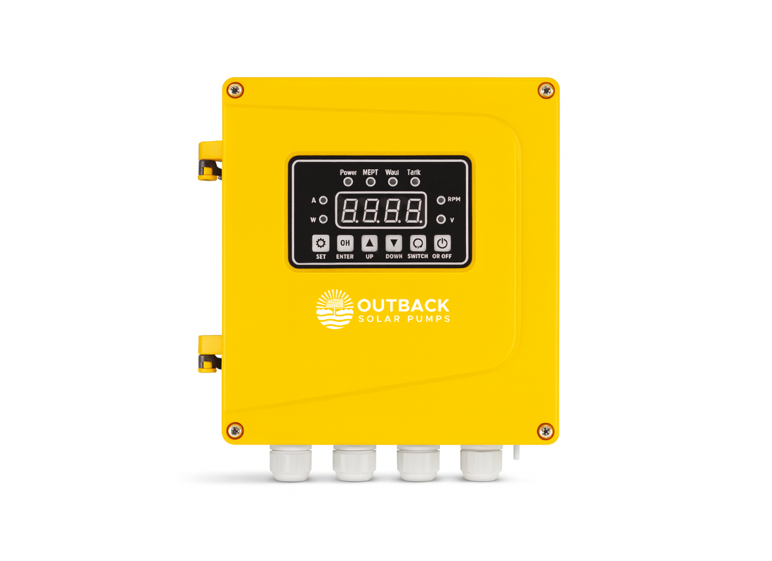 Outback C0300W solar pump controller in IP65 enclosure, designed for 20-55V DC solar applications.