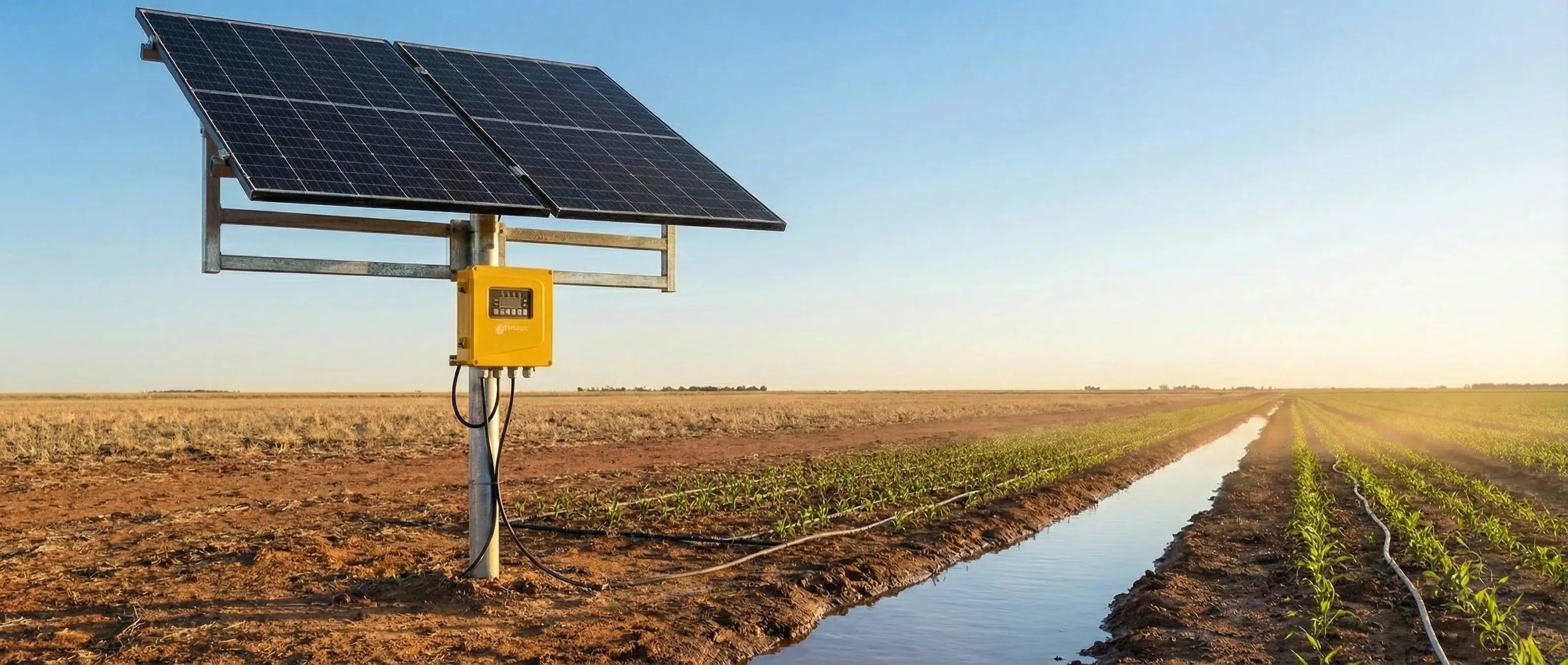 Solar panel on a stand in a field with a clear sky