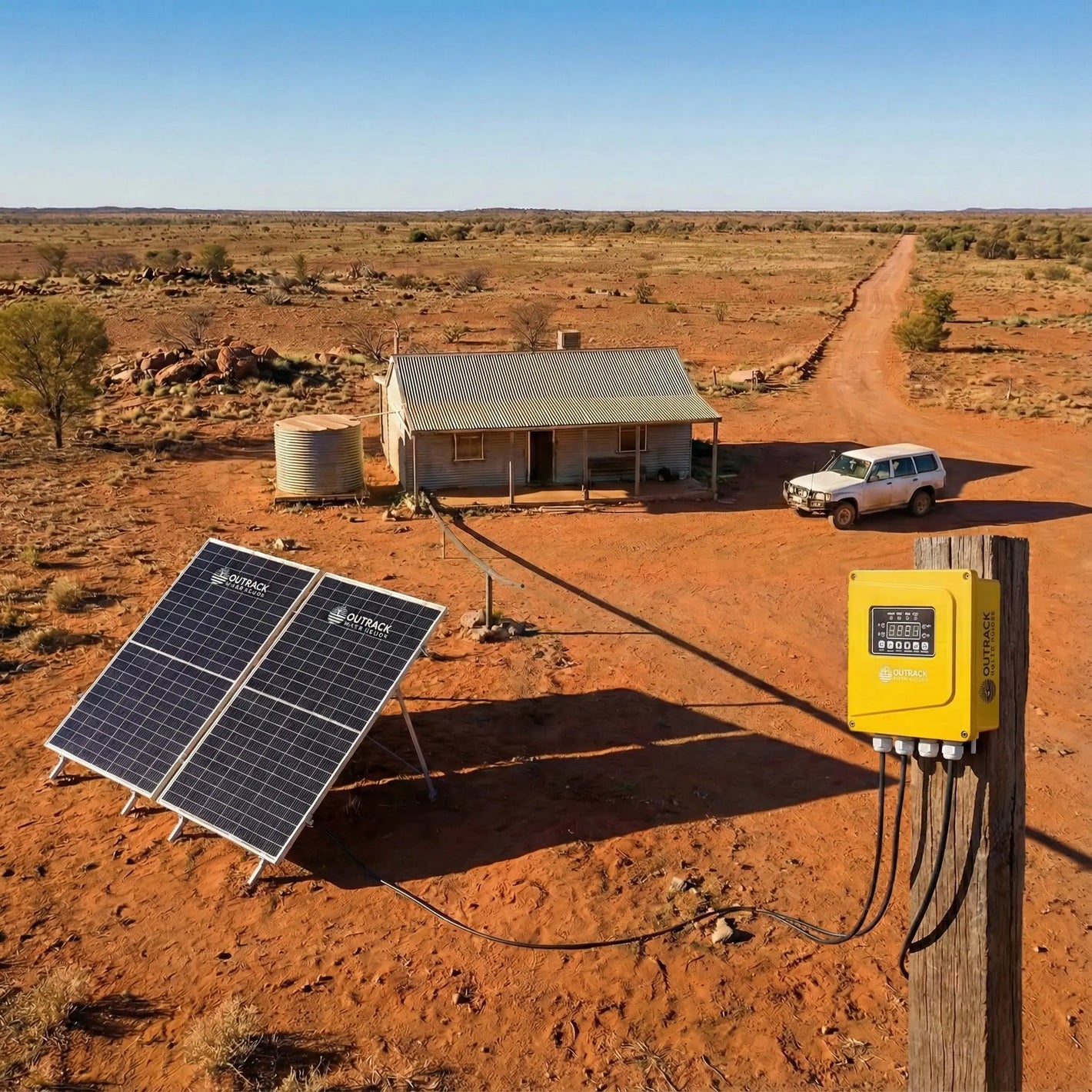 Solar panels and battery system in a remote desert setting with a house and vehicle.