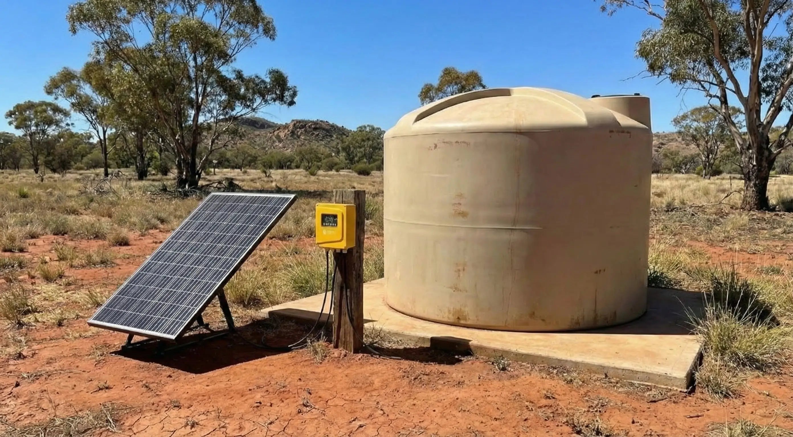 Solar panel and water tank in a rural setting with trees and clear sky.