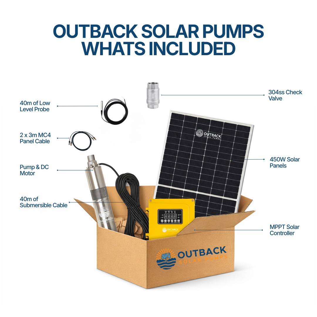 Outback Pioneer AC/DC 3" submersible solar bore pump kit with two 450W panels and included components.