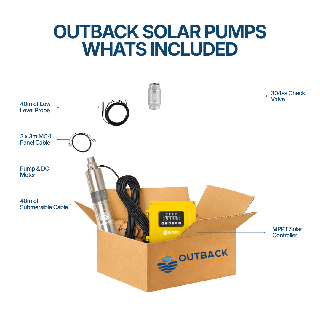 Outback Outrider 1000W submersible solar bore pump kit with 3 × 450W panels for efficient water pumping.