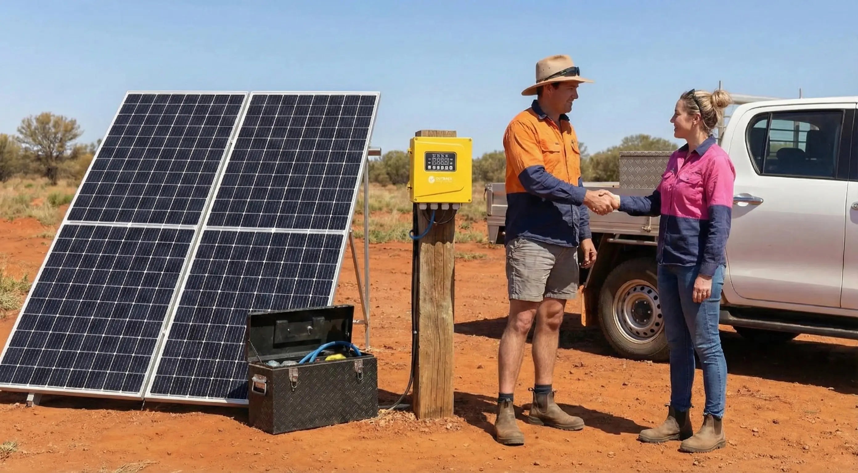 Two people shaking hands next to a solar panel and toolbox in an outdoor setting.