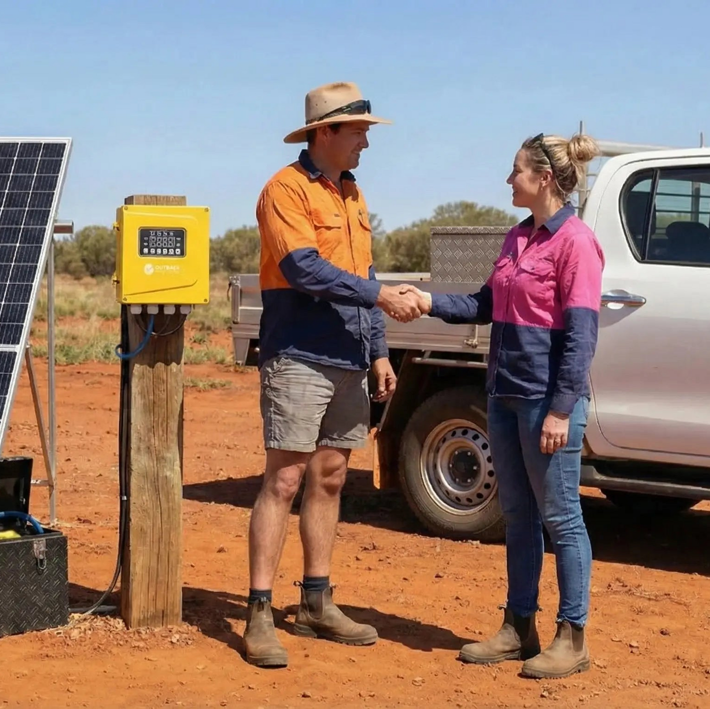 Two people shaking hands near a solar panel and truck in an outdoor setting