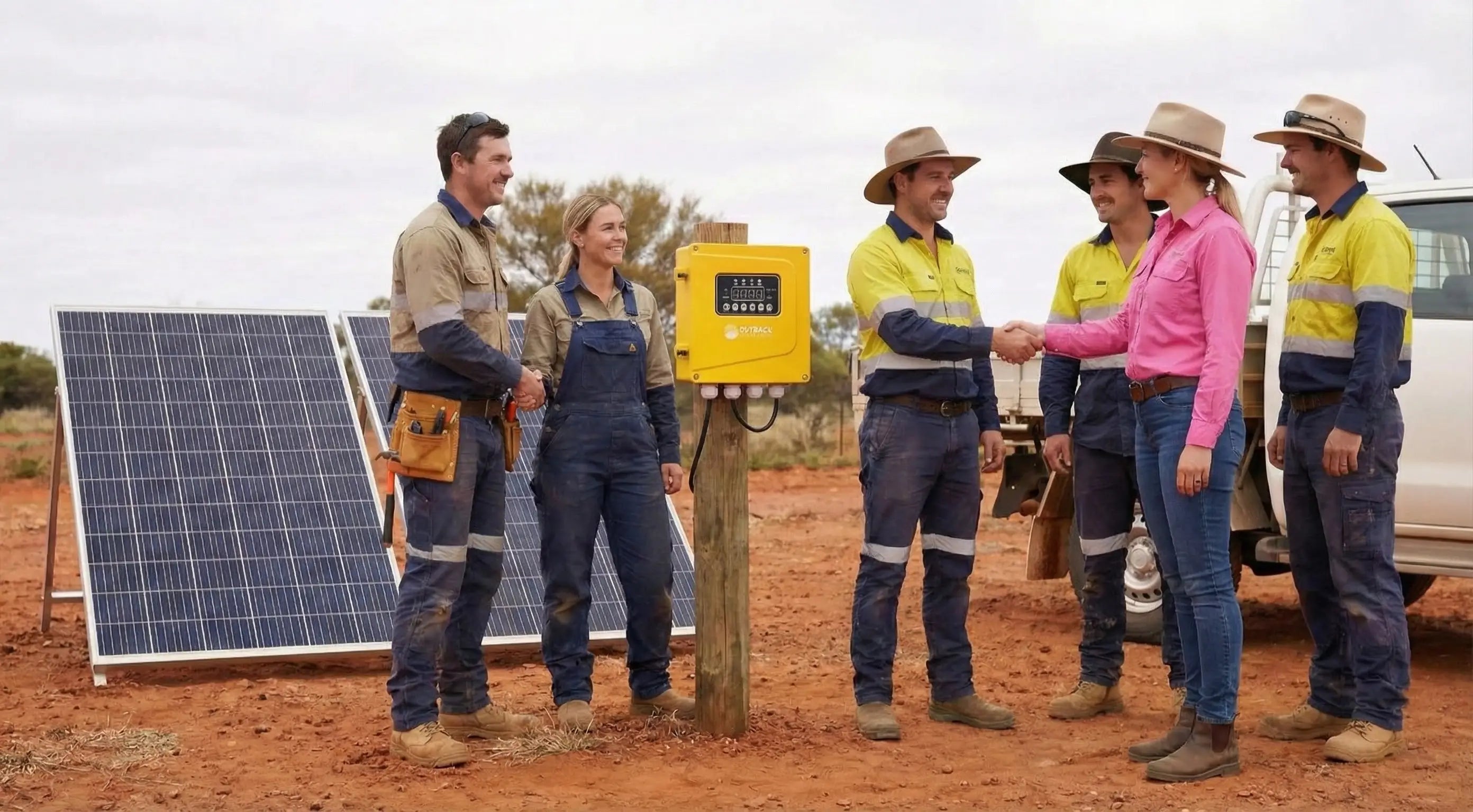 Group of people in work attire near a solar panel and battery storage unit in an outdoor setting.