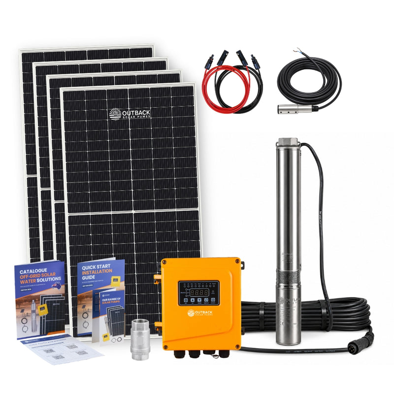 outback solar pumps bore kit with accessories on white background and 4 solar panels