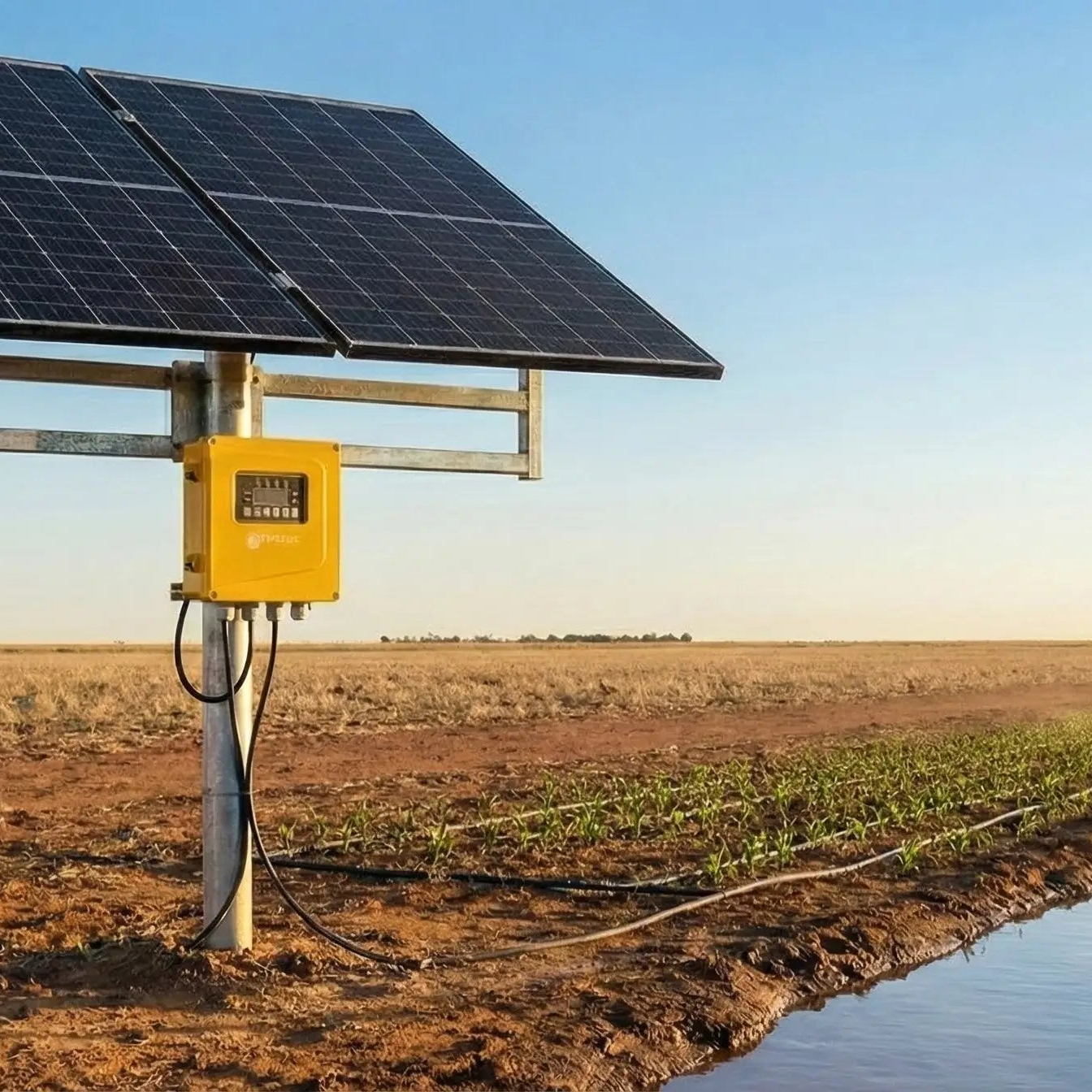 Solar panel and water pump system in a field with clear sky