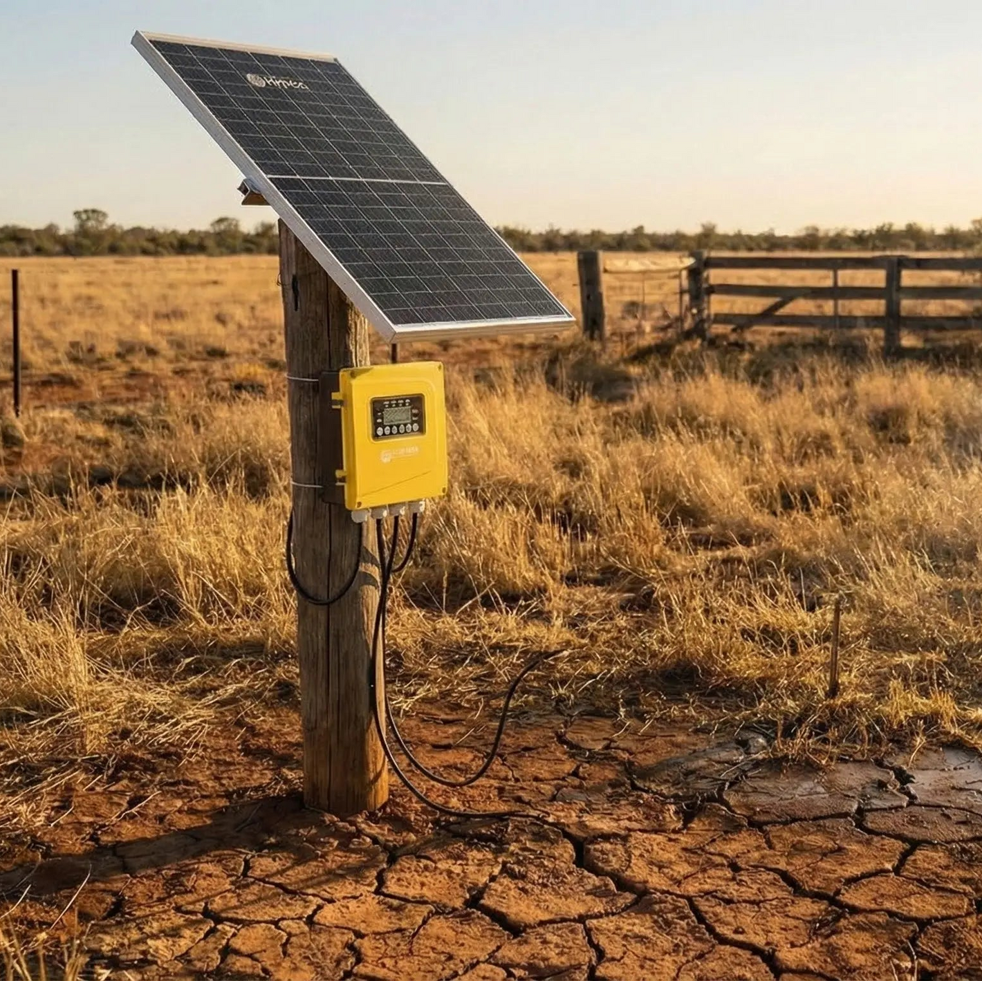 Solar panel and battery box on a wooden post in a dry, open field.