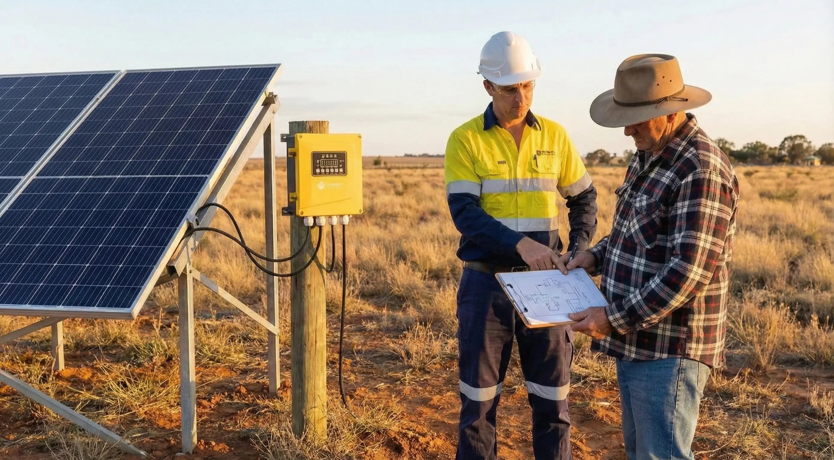 Two men inspecting a solar panel in a field