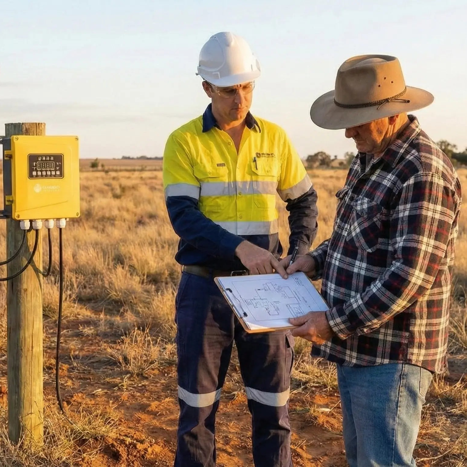 Two men in a field, one in high-visibility clothing and a hard hat, the other in a plaid shirt and hat, examining a clipboard.