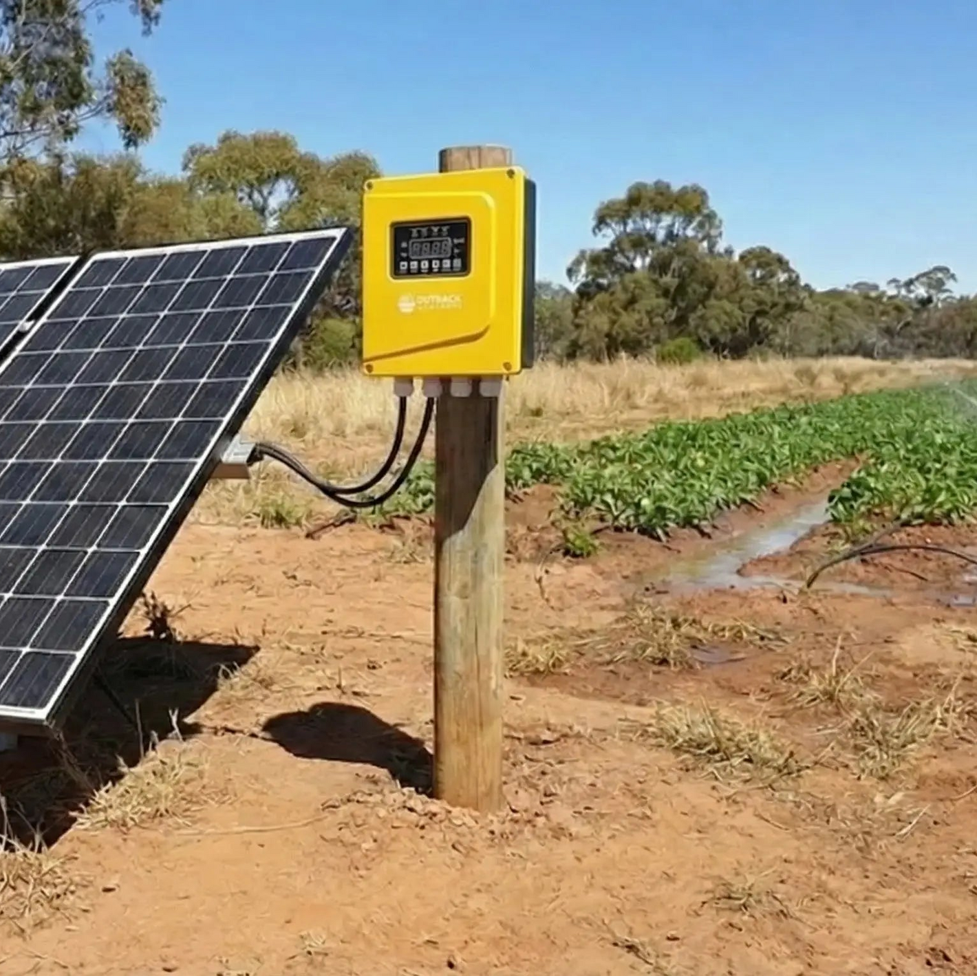 Solar panel and yellow inverter on a wooden post in an outdoor setting with trees and fields.