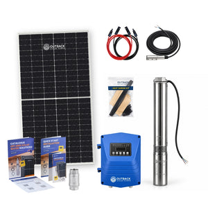 Outback solar pumps kit panel and related equipment on a white background