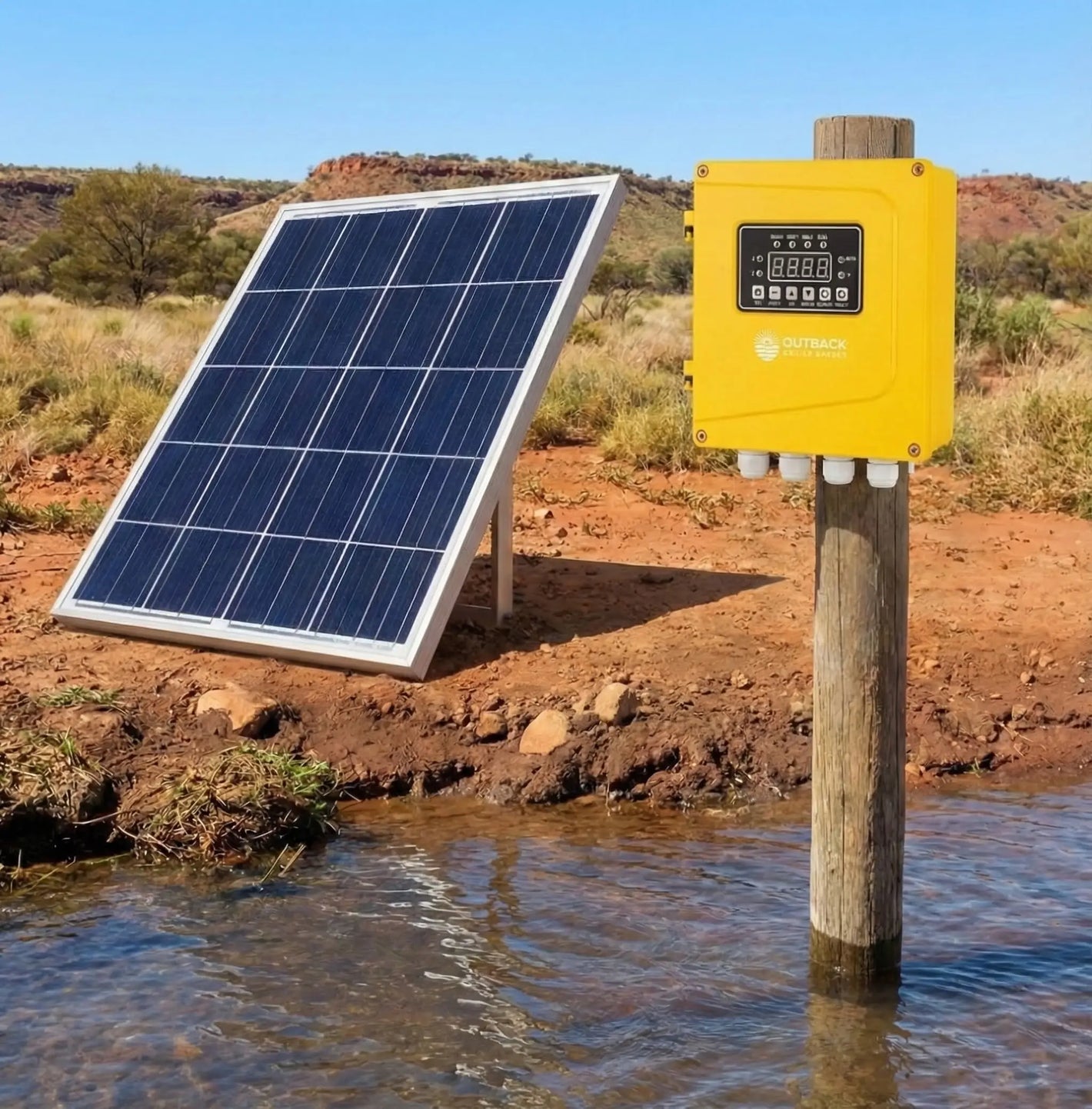 Solar panel and battery system near a water source in a desert landscape