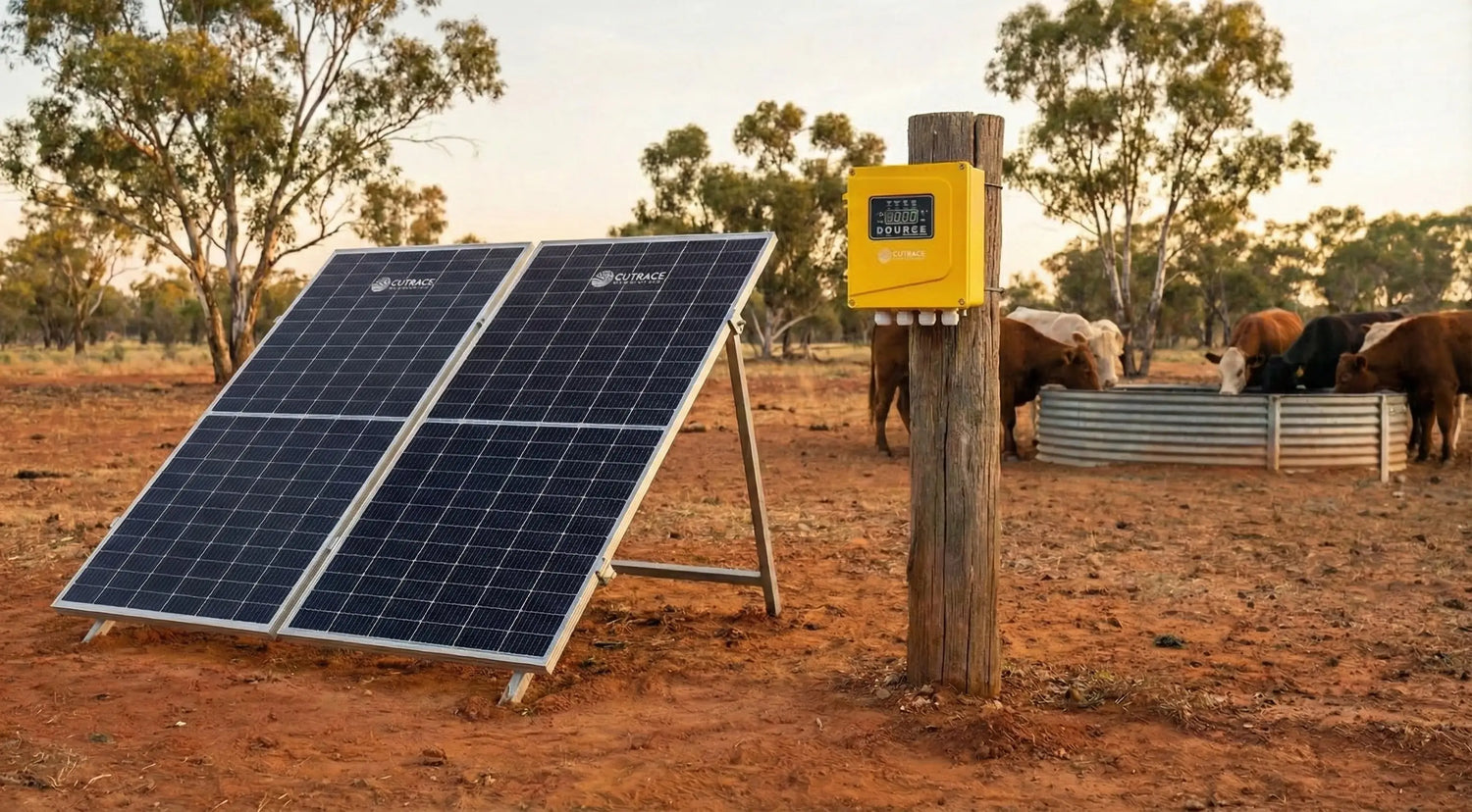 Solar panel and battery box in a rural setting with cattle in the background