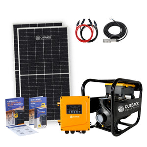 outback solar pumps surface pump kit with accessories on white background and 2 solar panels
