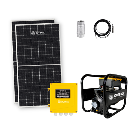Outback Pathfinder solar water transfer pump kit with 2 solar panels and frame, designed for efficient surface water transfer.