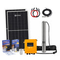 Solar panel system with pump, cables, and accessories on a white background
