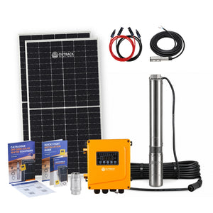 Solar panel system with pump, cables, and accessories on a white background