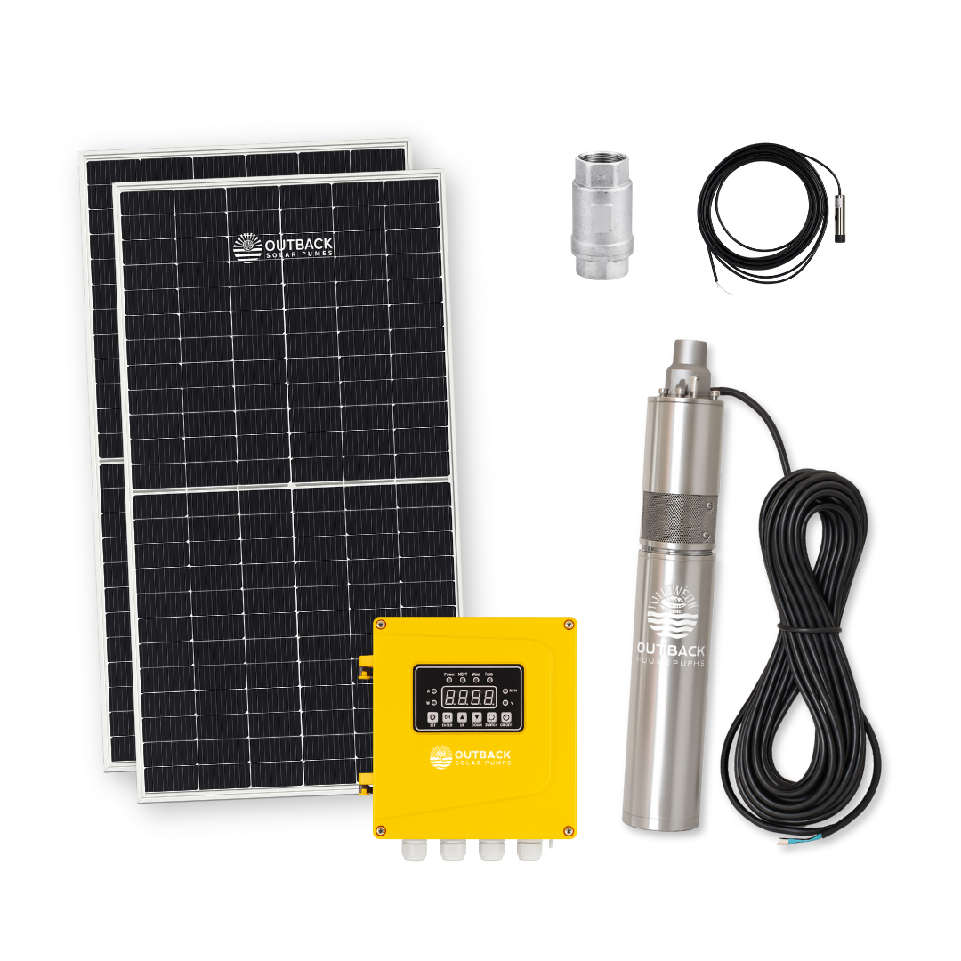 Outback Pioneer 3" 600W submersible solar bore pump kit with two 450W panels in a natural outdoor setting.