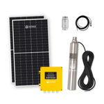 Outback Pioneer 3" 600W submersible solar bore pump kit with two 450W panels in a natural outdoor setting.