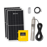 Outback Nomad 1000W deep bore submersible solar pump kit with three 450W panels, showcasing the complete system.