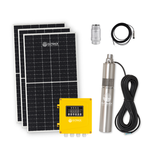 Outback Nomad 1000W deep bore submersible solar pump kit with three 450W panels, showcasing the complete system.