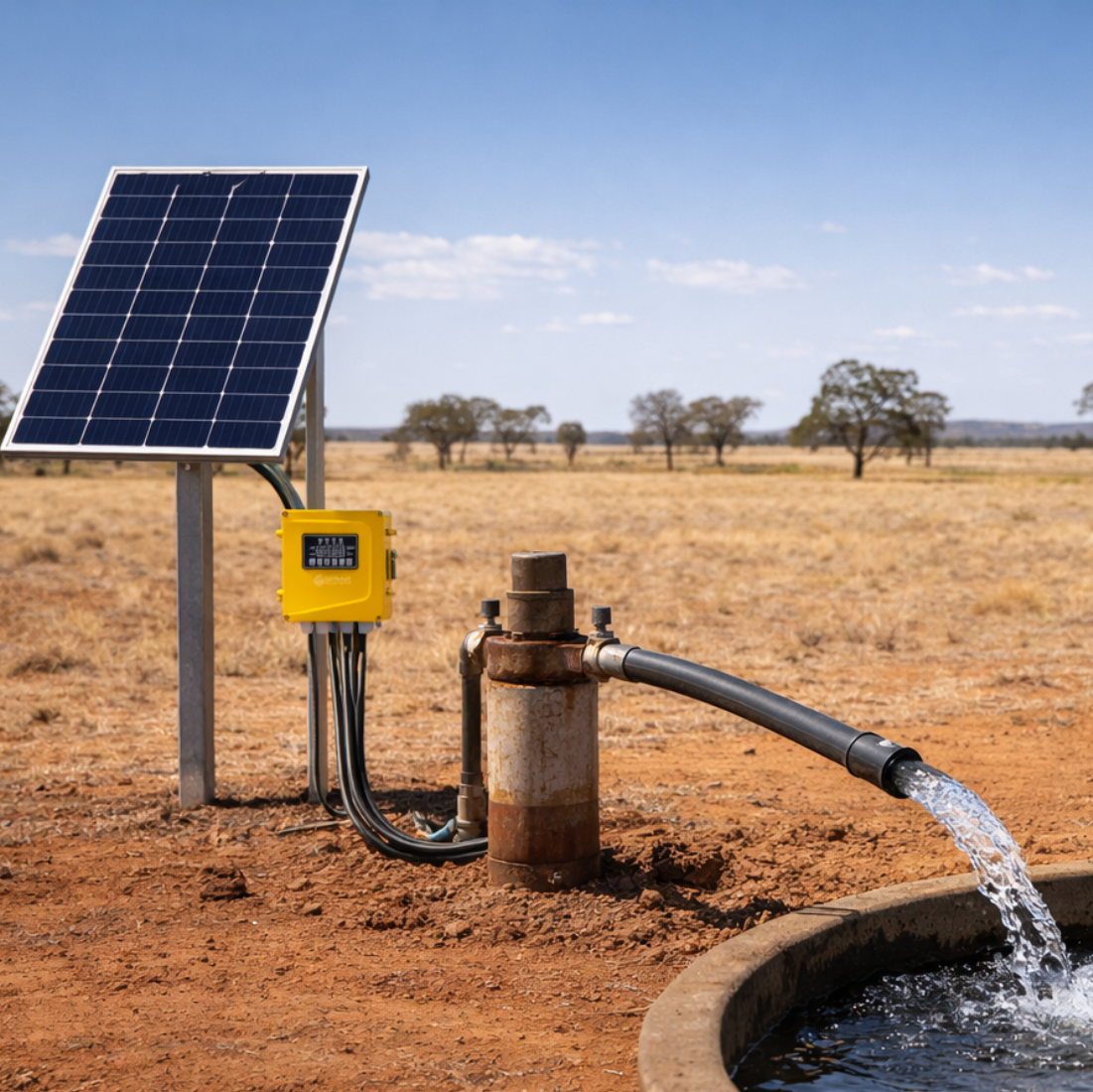 Solar panel and water pump system in a dry, open landscape.