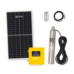 Outback Solar Pumps Scout 300W submersible solar bore pump kit with 450W panels, showcasing pump and solar panel setup.