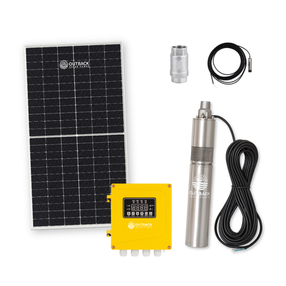 Outback Solar Pumps Scout 300W submersible solar bore pump kit with 450W panels, showcasing pump and solar panel setup.
