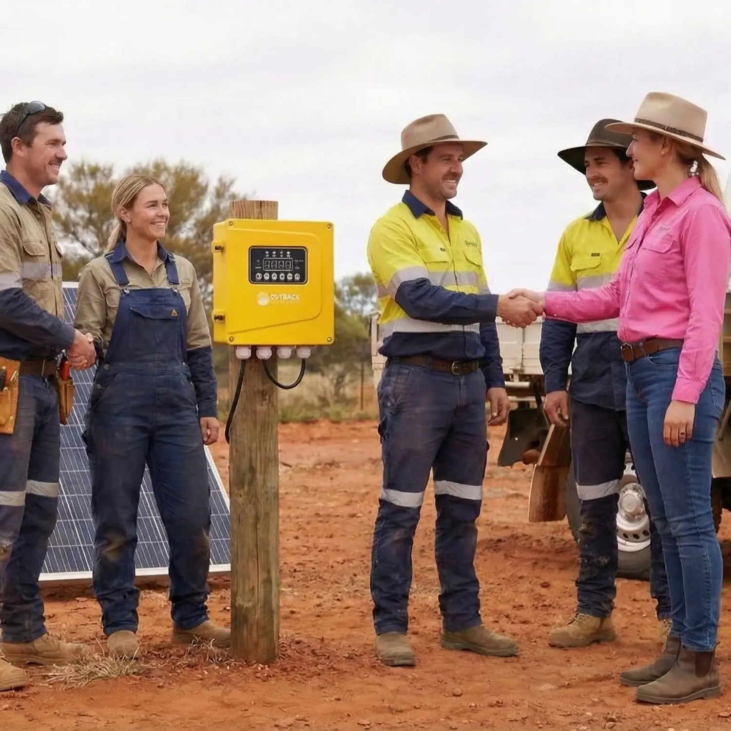 Group of people in work attire shaking hands near a solar panel and control box in an outdoor setting.