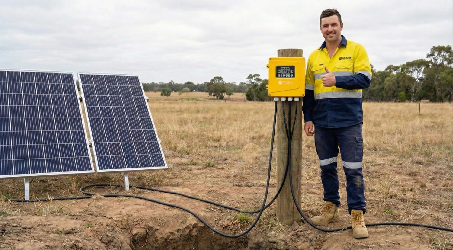 Person in work attire standing next to a solar panel and equipment in an open field.