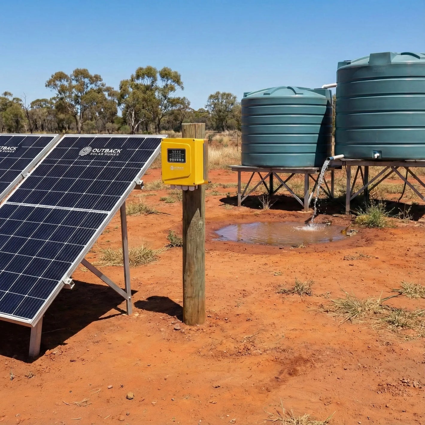Solar panel with Outback Power branding next to water tanks in a rural setting.