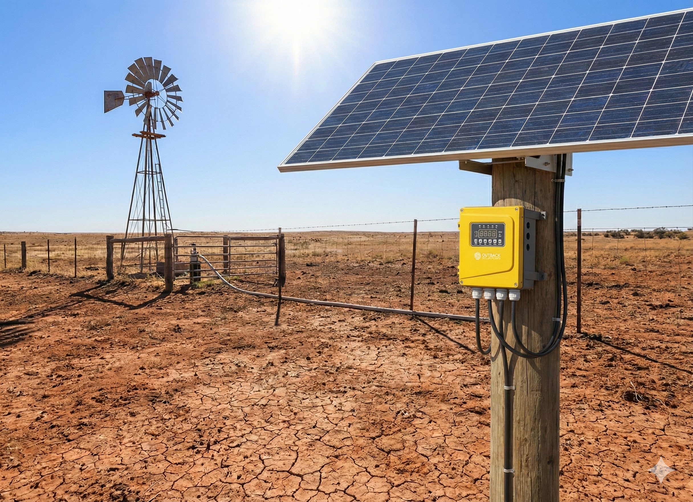 Solar panel and windmill in a dry, open landscape
