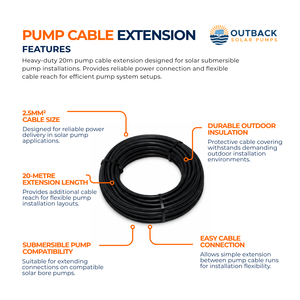 Outback 20m pump cable extension with 2.5mm² wiring, compatible with Outback Solar Pumps, shown with connectors and wiring details.