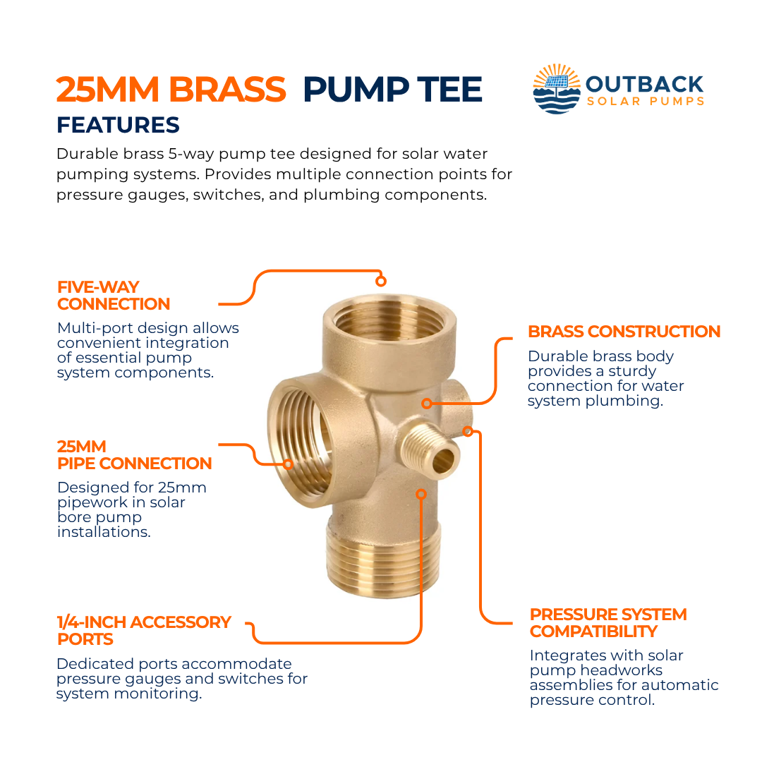Outback Solar Pumps 25mm brass 5-way pump tee with 1/4-inch ports for efficient irrigation and solar pump connections.