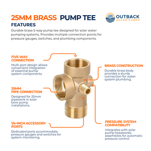 Outback Solar Pumps 25mm brass 5-way pump tee with 1/4-inch ports for efficient irrigation and solar pump connections.
