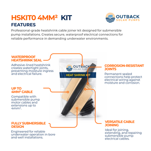 Outback Solar Pumps heatshrink cable joiner kit for 4mm² wires, featuring heatshrink tubing and connectors for submersible pump wiring.