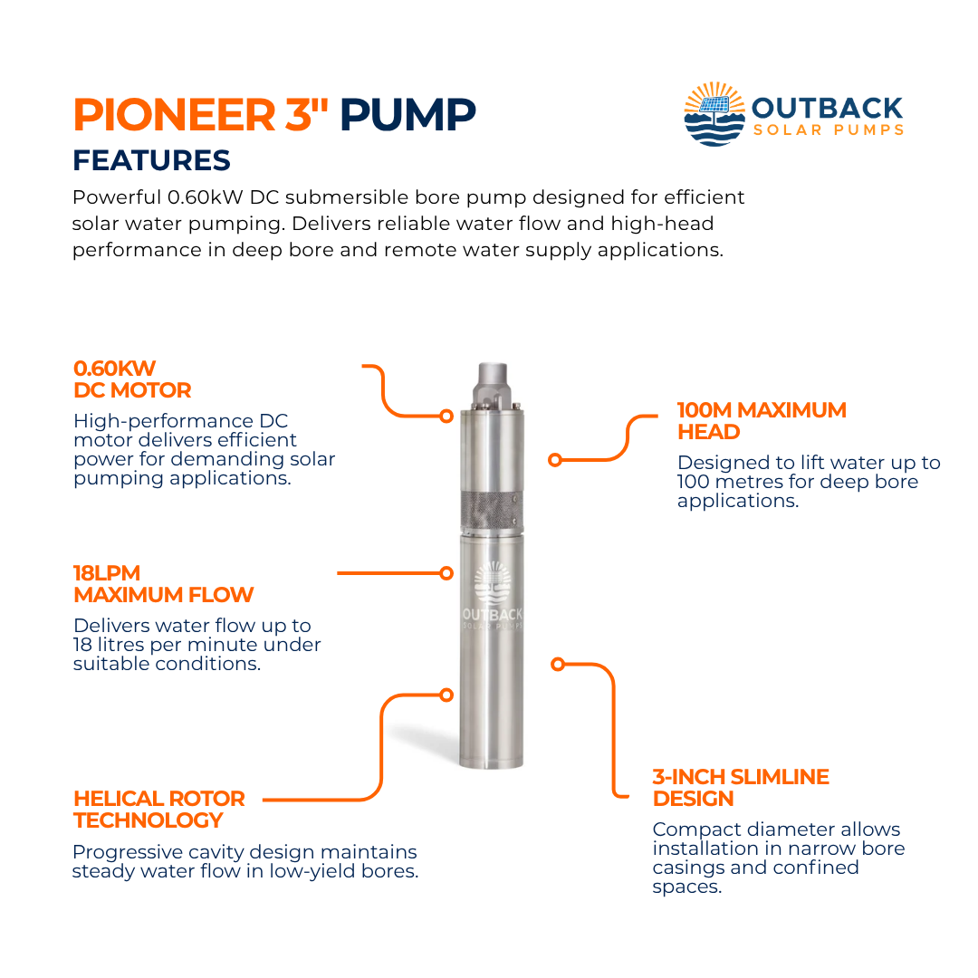 Outback Pioneer 3-inch 0.60kW DC submersible solar bore pump with motor, showcasing its key features and compact design.