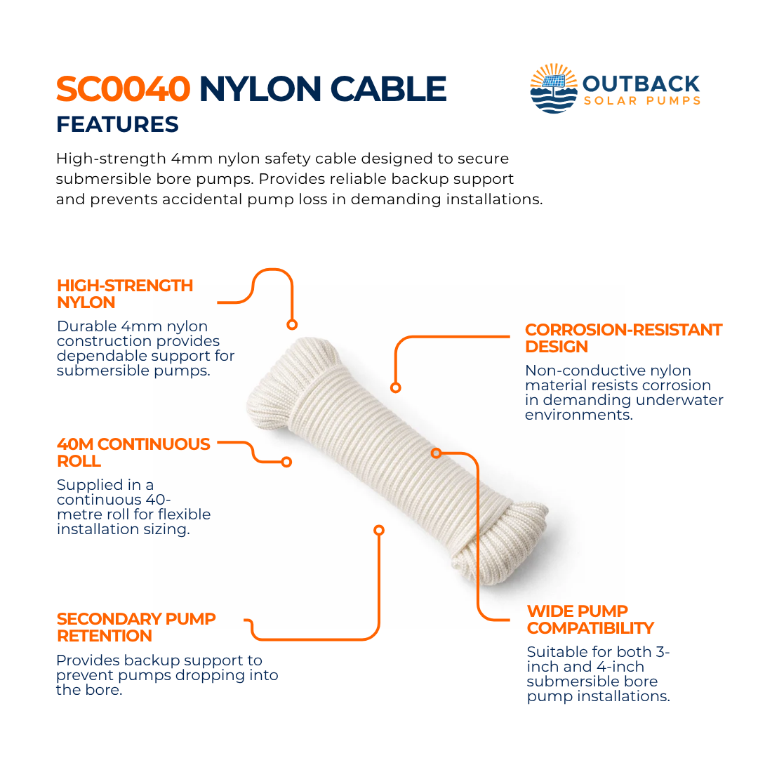 Outback SC0040 4mm nylon submersible pump safety cable on a 40m roll, designed for solar pump accessories by Outback Solar Pumps.