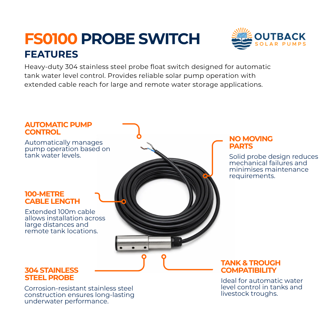 Outback TankMate 100m stainless steel probe tank float switch for water level control in irrigation or water systems.