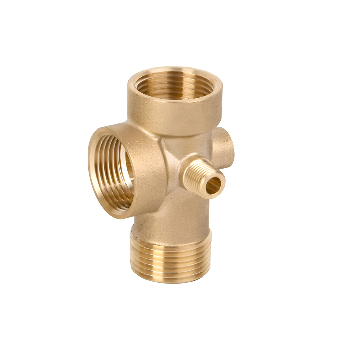 Outback Solar Pumps 25mm brass 5-way pump tee with 1/4 inch ports for irrigation and watering system connections.